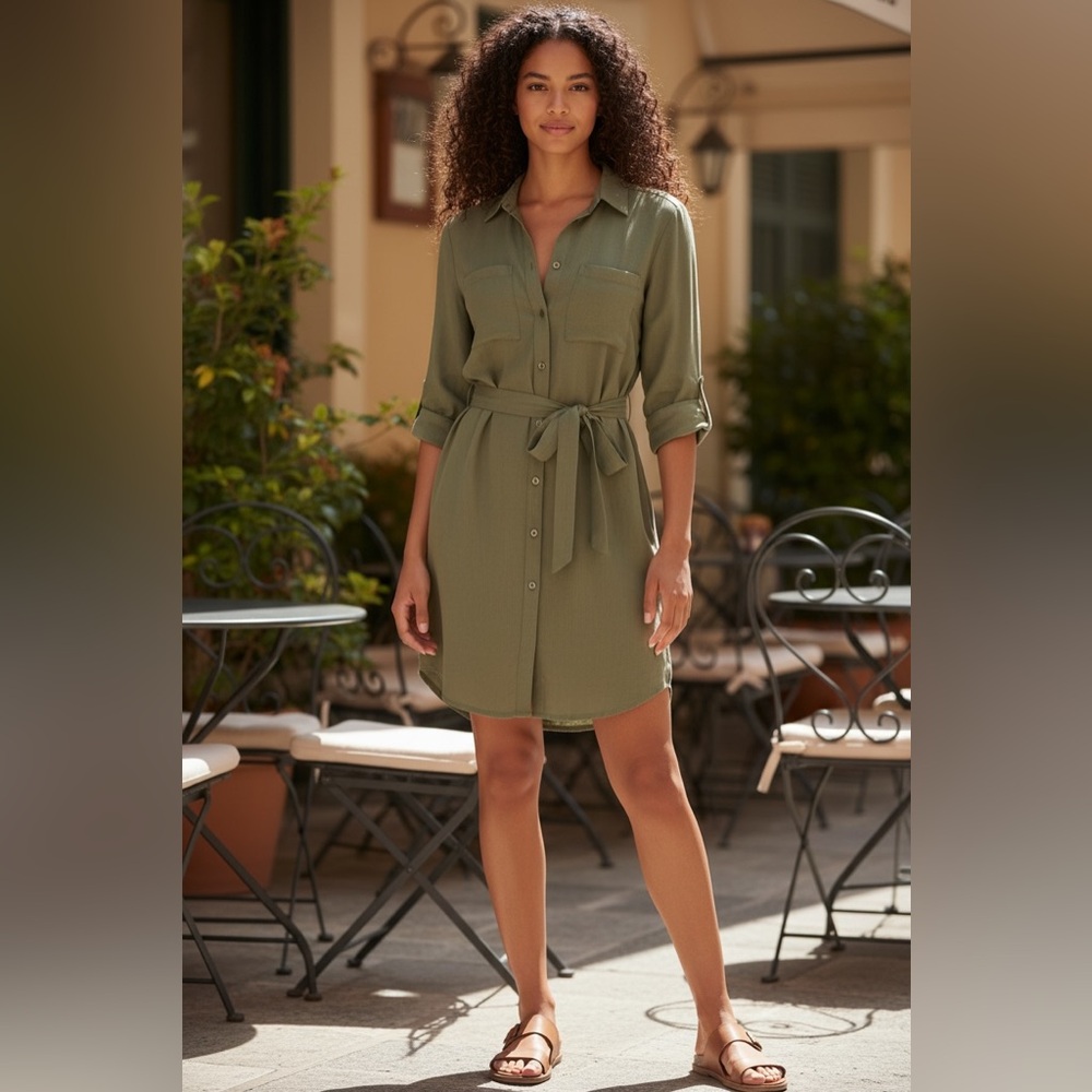 Abercrombie & Fitch Olive Green Tie Waist Shirt Dress Roll Tab Sleeve Casual